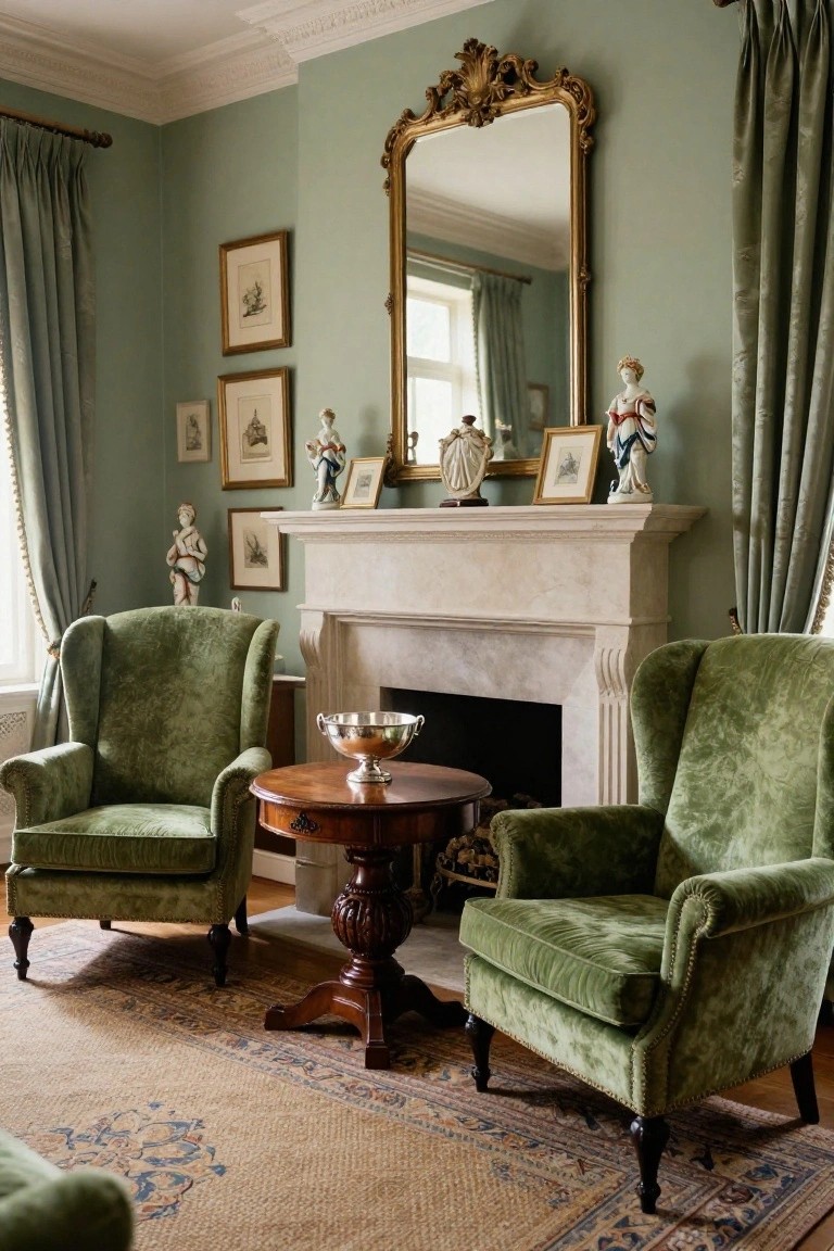 Sage green living room interior with two matching green velvet wingback armchairs facing a marble fireplace, wooden pedestal table and silver bowl between the chairs, porcelain figurines on the mantel, large ornate gold-framed mirror above, and green drapery on windows.