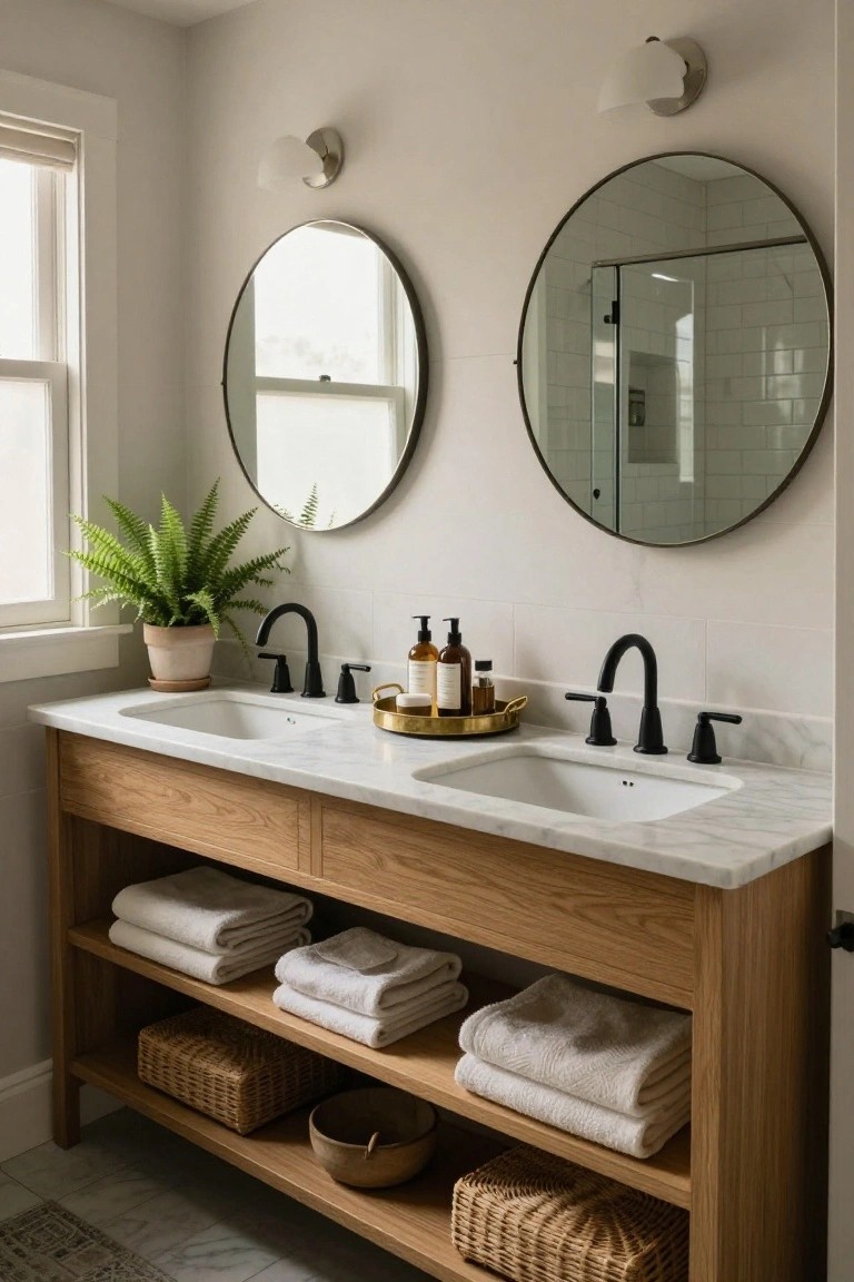 A double bathroom vanity in light oak wood with white marble countertop and undermount sinks, black faucets, open lower shelves holding white towels and woven baskets, round black-framed mirrors above, and a potted fern plant to the side.