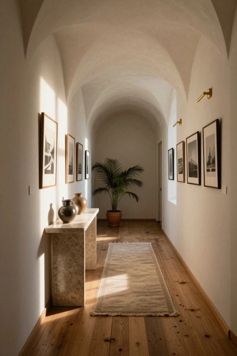 Sunlit interior hallway with white plaster barrel-vaulted ceiling, light wood plank floors, marble console table holding black ceramic vases, potted palm plant, and black-and-white framed photographs on white walls.