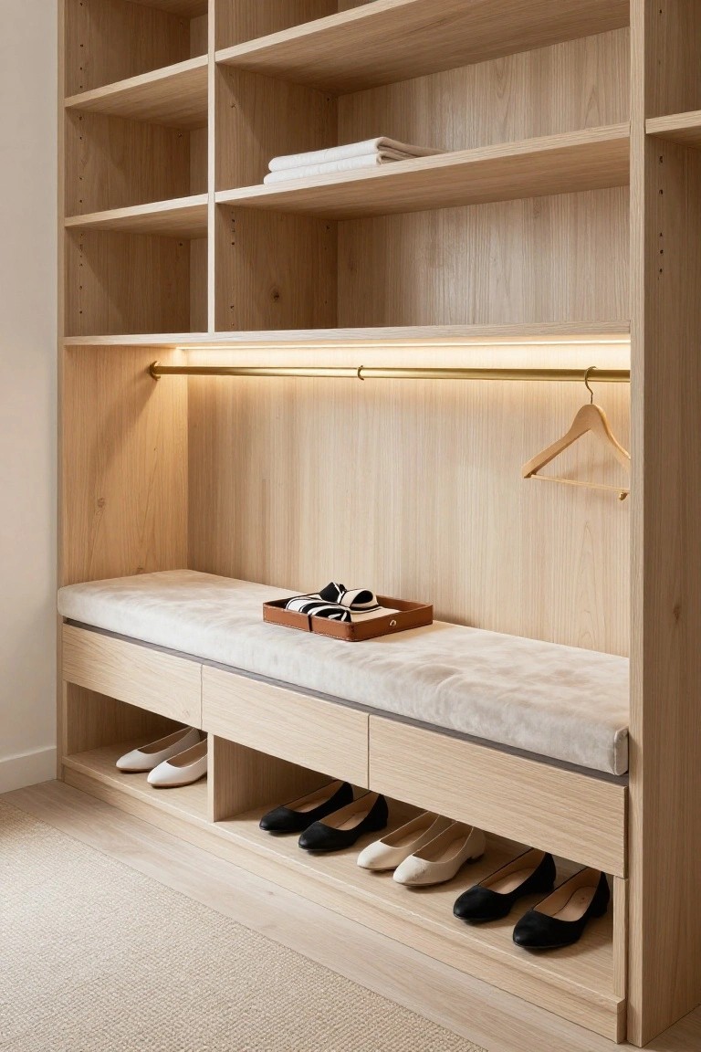 Light oak walk-in closet with open shelves holding folded towels, a gold hanging rod with LED strip lighting and wooden hanger, beige cushioned bench on drawers, and open shelves below storing white and black high-heel shoes.