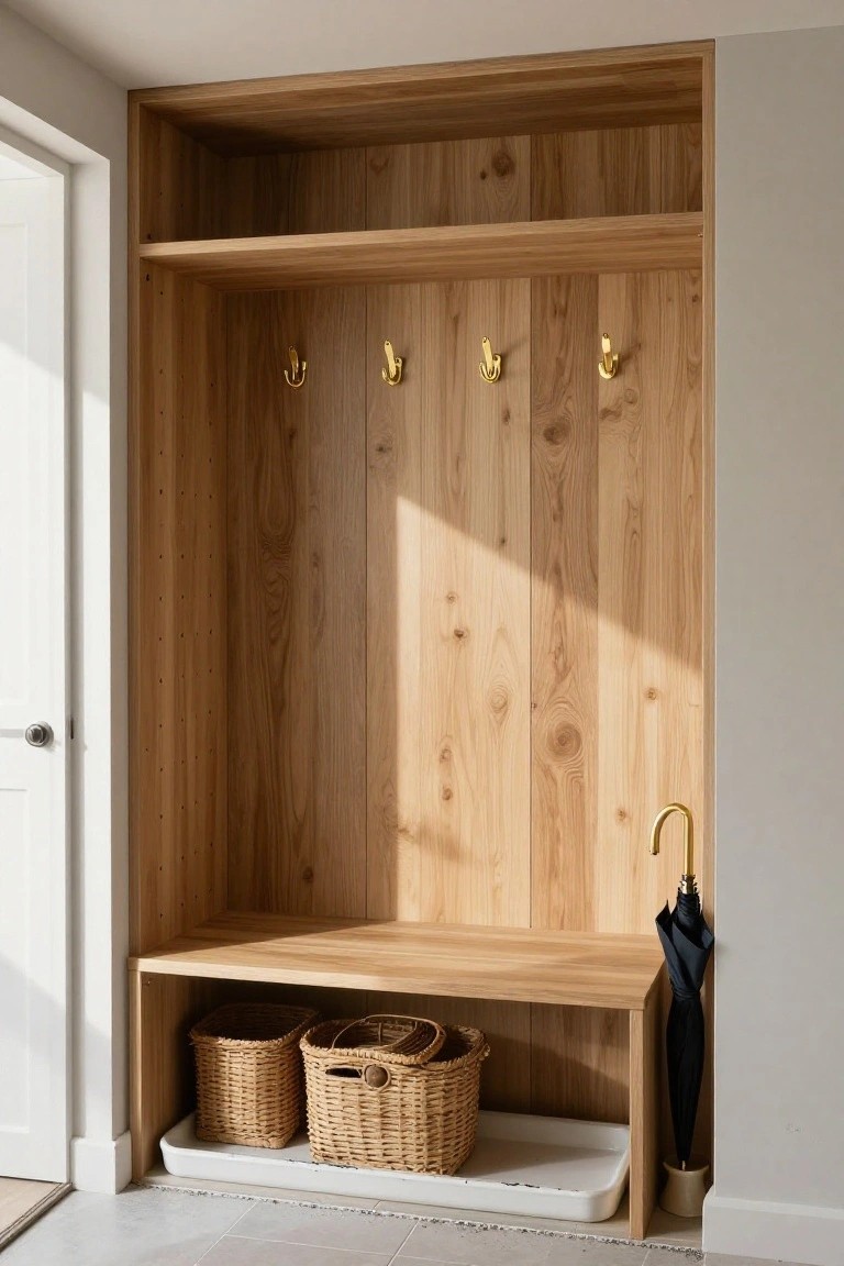 Wooden built-in entryway cabinet with upper shelves, brass coat hooks on paneled walls, lower bench seating with wicker baskets and tray underneath, black umbrella beside it, next to a white door on a tiled floor.