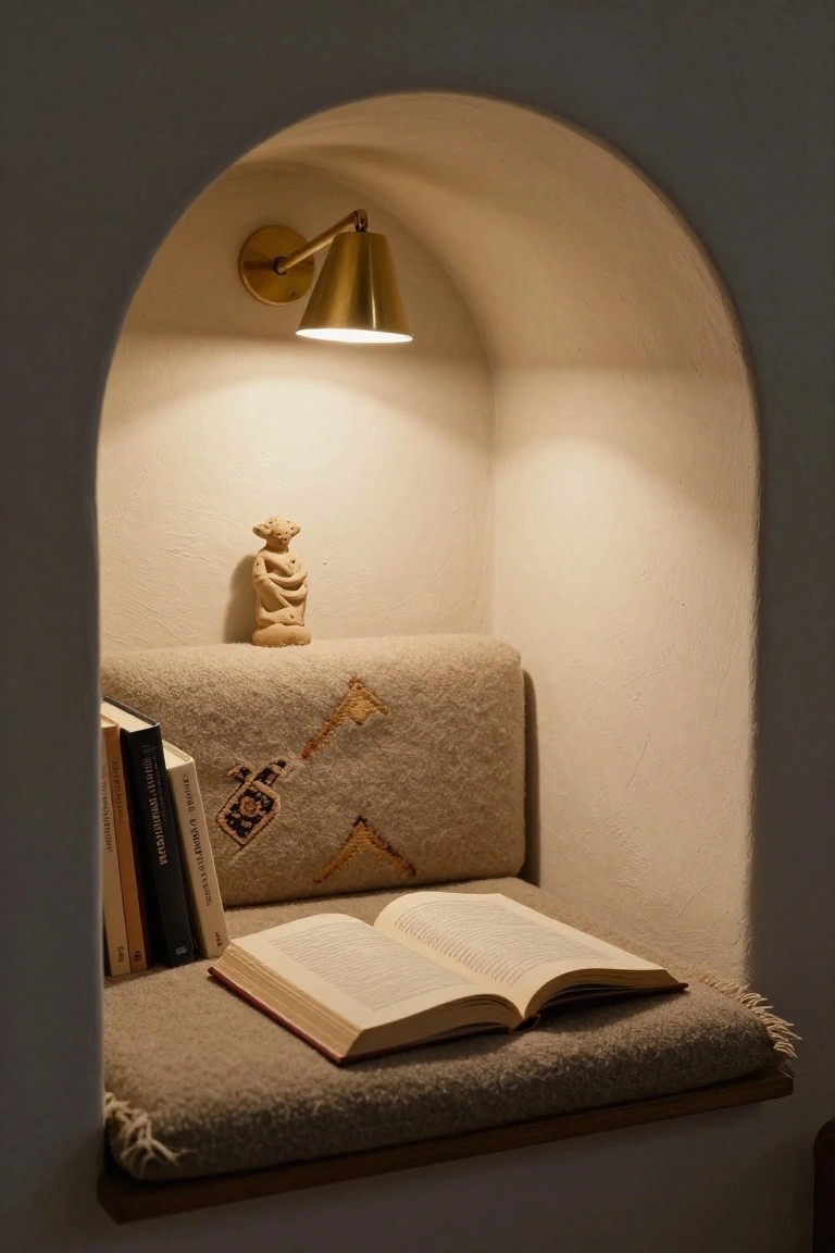 Arched indoor wall niche featuring a cushioned wool bench seat with an open book, stacked books, small clay sculpture, and lit gold wall lamp.