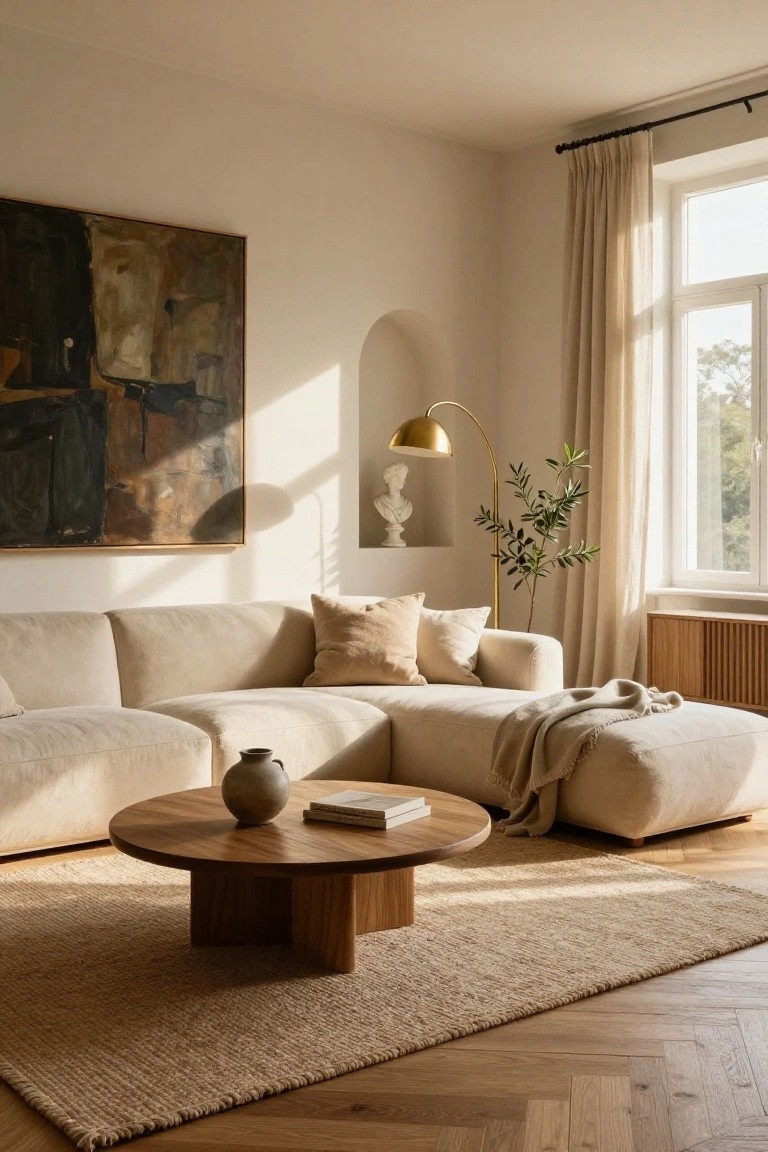 A bright living room with large light beige L-shaped fabric sofa and pouf ottoman, round wooden coffee table holding a vase and book, seagrass rug on herringbone parquet floor, gold arc lamp, olive plant, arched niche with white bust sculpture, abstract painting, and window with sheer beige curtains.