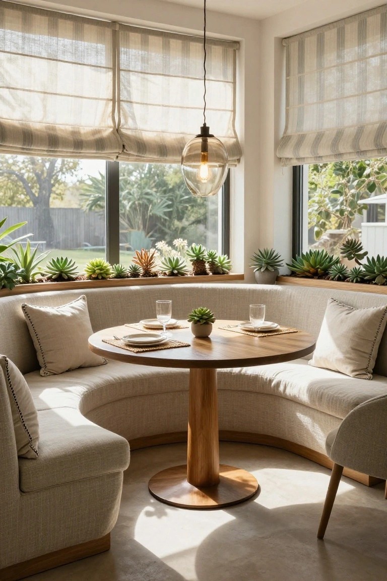 Sunlit breakfast nook featuring a curved beige banquette with white cushions around a round wooden table set for two, large windows with striped linen shades, and potted succulents on wooden sills.