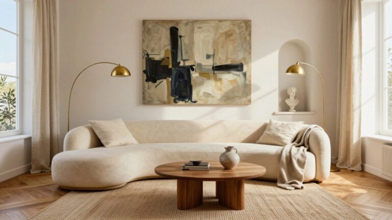 A bright living room with large light beige L-shaped fabric sofa and pouf ottoman, round wooden coffee table holding a vase and book, seagrass rug on herringbone parquet floor, gold arc lamp, olive plant, arched niche with white bust sculpture, abstract painting, and window with sheer beige curtains.