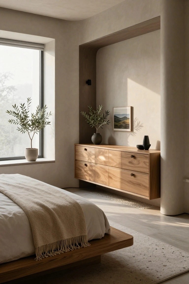 Minimalist bedroom with low wooden platform bed draped in beige linens and throw, floating light wood dresser with six drawers on curved beige plaster wall niche, potted olive trees by window and dresser, black vase and bowl on top, large window with roller shade.