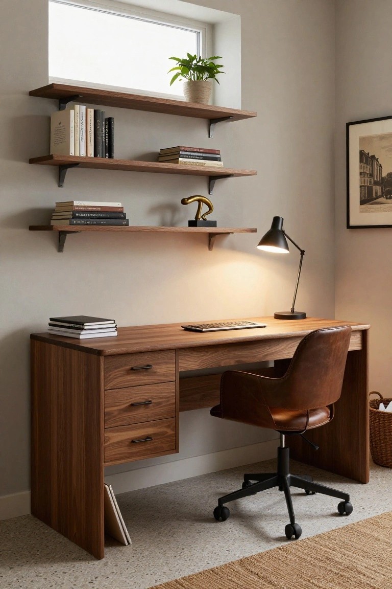 A home office with a walnut wood desk featuring drawers, brown leather swivel chair on casters, floating wooden shelves displaying books and decor above the desk, adjustable black desk lamp, potted plant, and framed artwork beside a clerestory window on a light gray wall.
