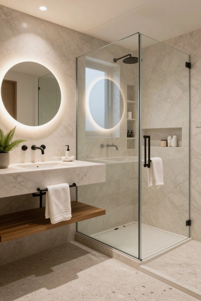 Contemporary bathroom with light veined marble walls, floor, and vanity, frameless glass shower enclosure featuring a built-in niche shelf, round backlit mirror above the sink, black metal fixtures, wooden towel shelf, and a potted fern.