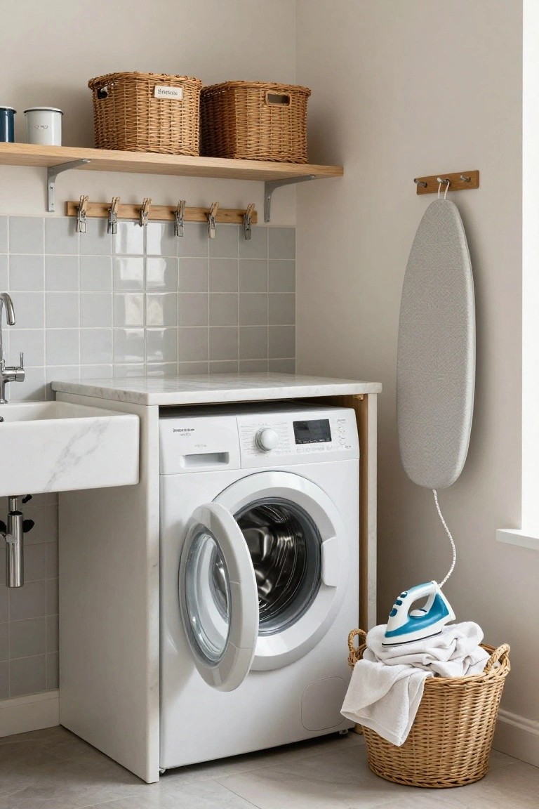 White front-loading washing machine with open door integrated under a marble countertop and sink in a laundry room, with wicker baskets holding laundry, blue iron on towels, gray ironing board, wood shelves, and peg rail on tiled wall.