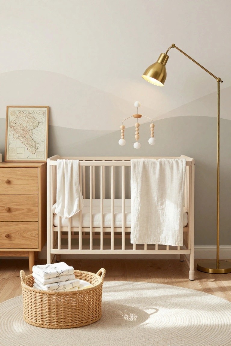 Nursery room with white wooden crib draped in white linens, oak wood dresser beside it, gold arched floor lamp, wooden mobile above crib, framed vintage map on wall painted with soft wavy beige-gray horizon line, wicker basket of folded baby clothes on wood floor next to round beige rug.