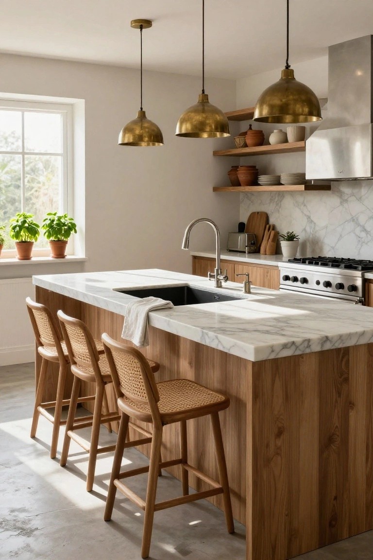 Kitchen interior with central island featuring light wood base and white marble top, four rattan bar stools, brass pendant lights, wood cabinets, and marble backsplash.