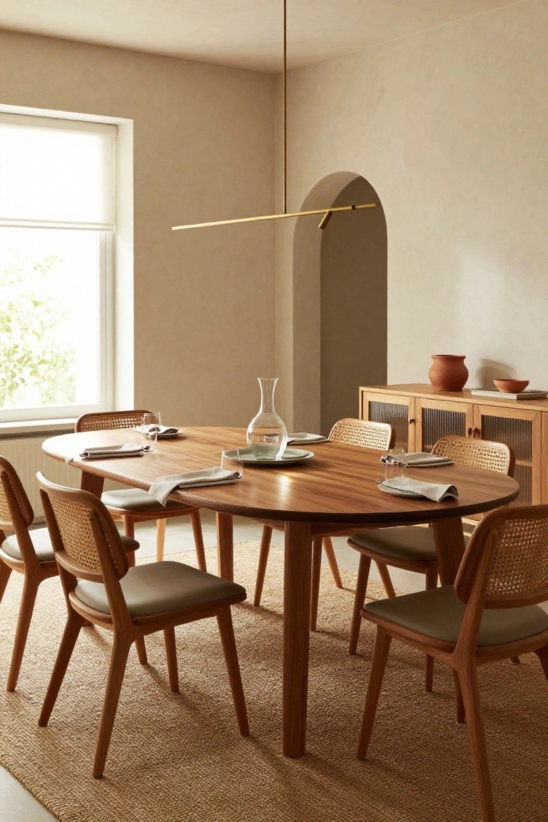 Oval light wood dining table set with white plates and glassware, surrounded by eight rattan chairs with beige cushions on a seagrass rug in a beige-walled room with wooden cabinets and an arched doorway.