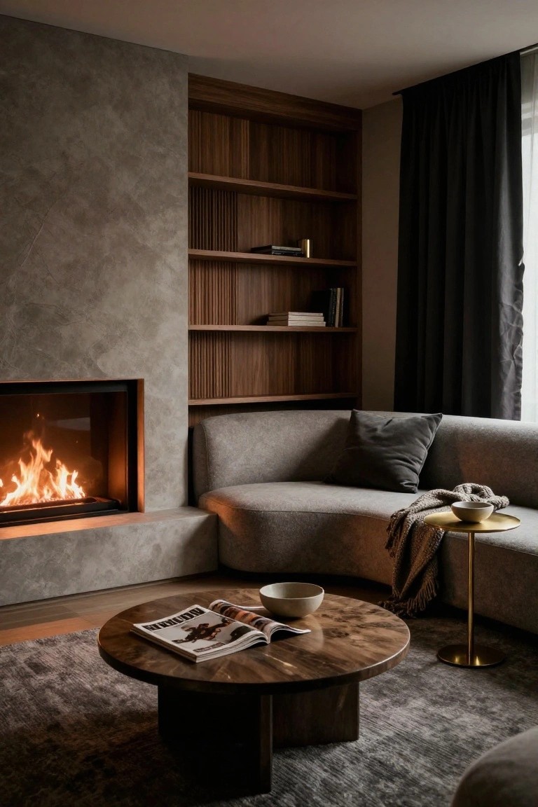 Contemporary living room corner with linear gas fireplace burning in textured gray stone wall, tall adjacent walnut wood shelving unit holding books, curved gray fabric sofa, round wood coffee table with open magazine and white bowl, gold side table draped with knit throw, textured gray rug, and dark curtains by window.