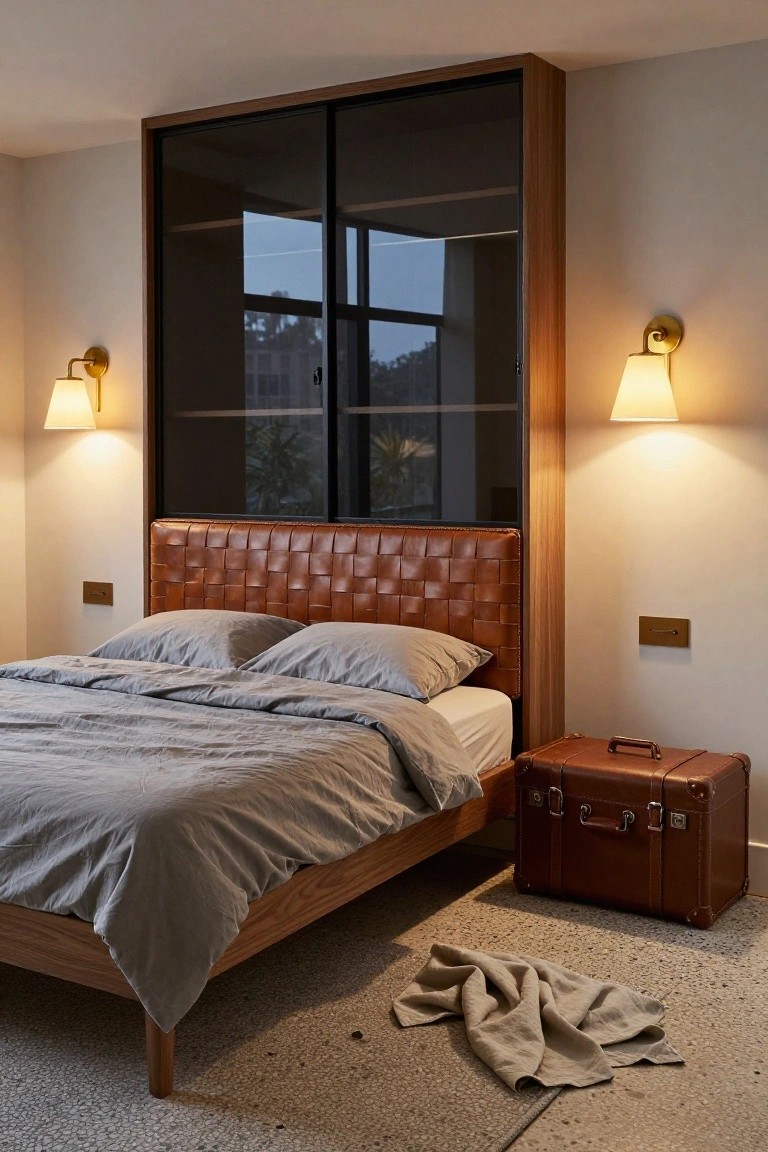 Contemporary bedroom with tan woven leather headboard on wooden bed, gray linen bedding, large wooden wardrobe with black glass sliding doors, brass wall sconces, leather suitcase on terrazzo floor, and tossed linen cloth nearby.