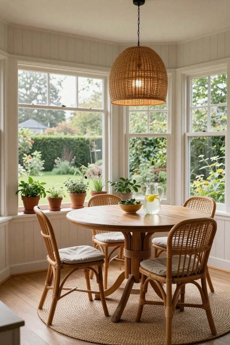 Bay window dining nook with round wooden table, four rattan chairs with cushions, potted plants on windowsills, small bowls and lemonade pitcher on table, white paneled walls, rattan pendant light, and garden view outside.