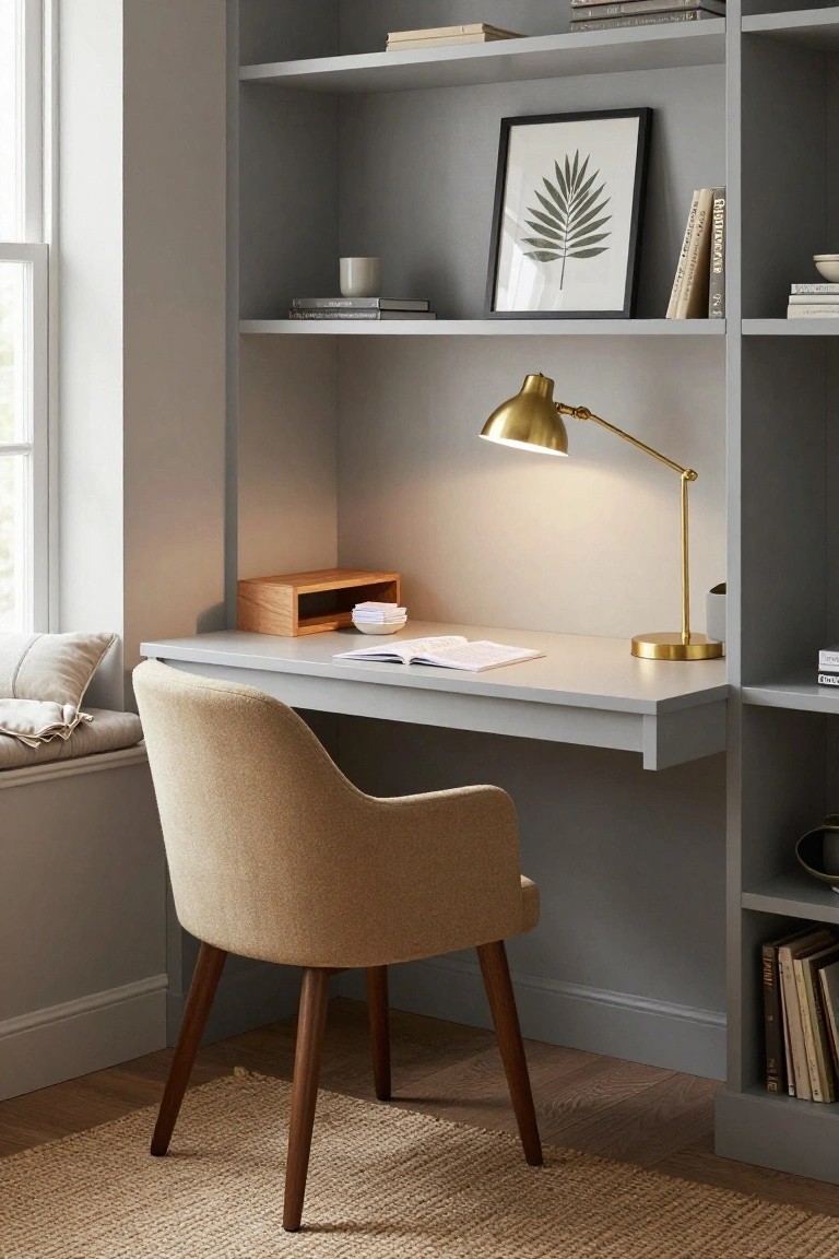 Grey wall-mounted shelving unit with integrated floating white desk, beige upholstered chair, gold desk lamp, open book, and scattered books and dishes in a light room with window seat.