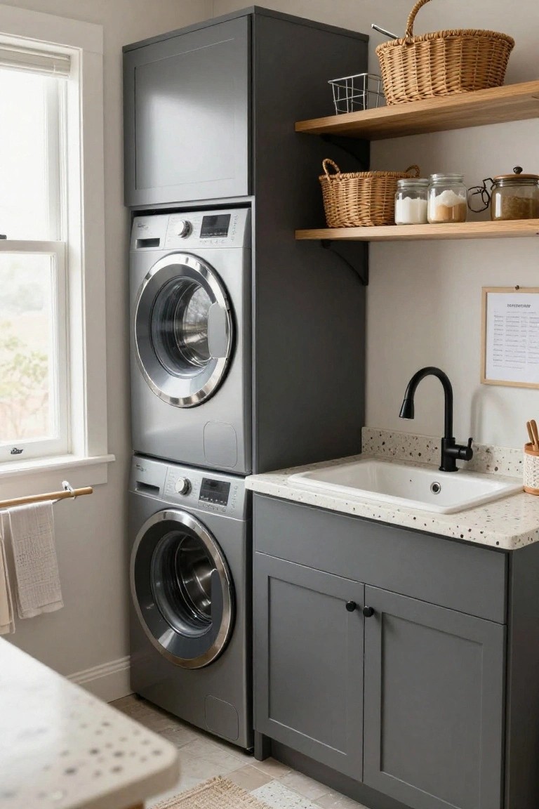 Stacked gray washer and dryer next to a white utility sink with black faucet in gray cabinets, open wooden shelves with wicker baskets and jars above, in a light laundry room with window and hanging rod.