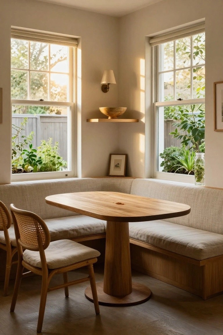 Sunlit wooden dining nook with built-in bench, oval table, and woven chairs.