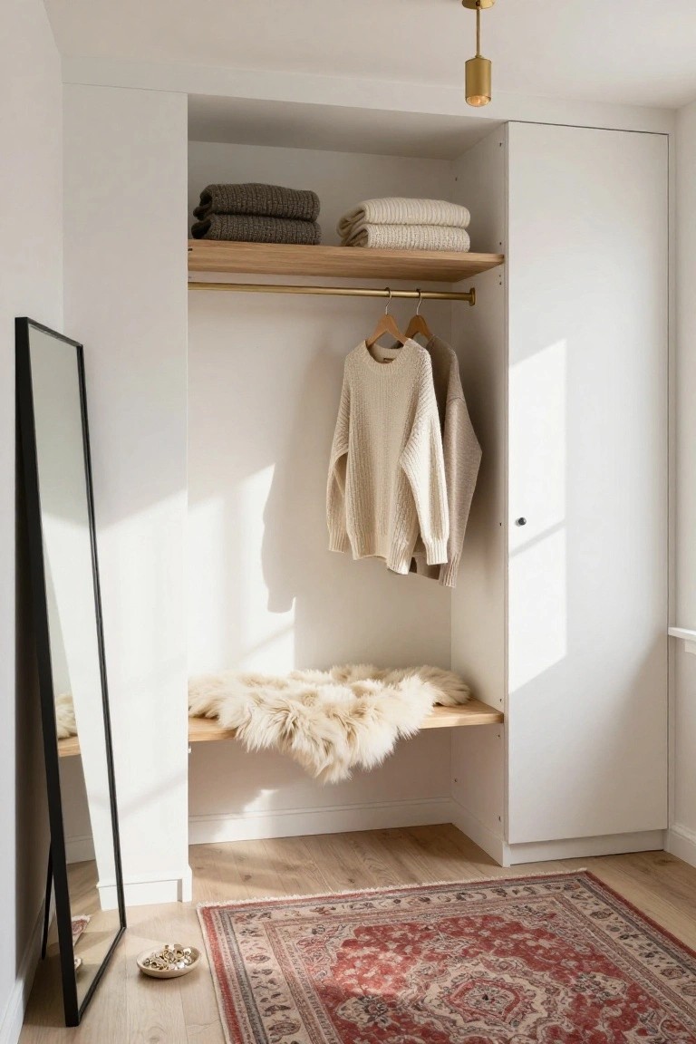 White built-in wardrobe with open doors revealing wooden shelves stacked with folded sweaters and blankets, a cream sweater hanging on a rod, a wooden bench with white sheepskin rug inside the closet, full-length black-framed mirror to the side, and a red Persian rug on the wooden floor.