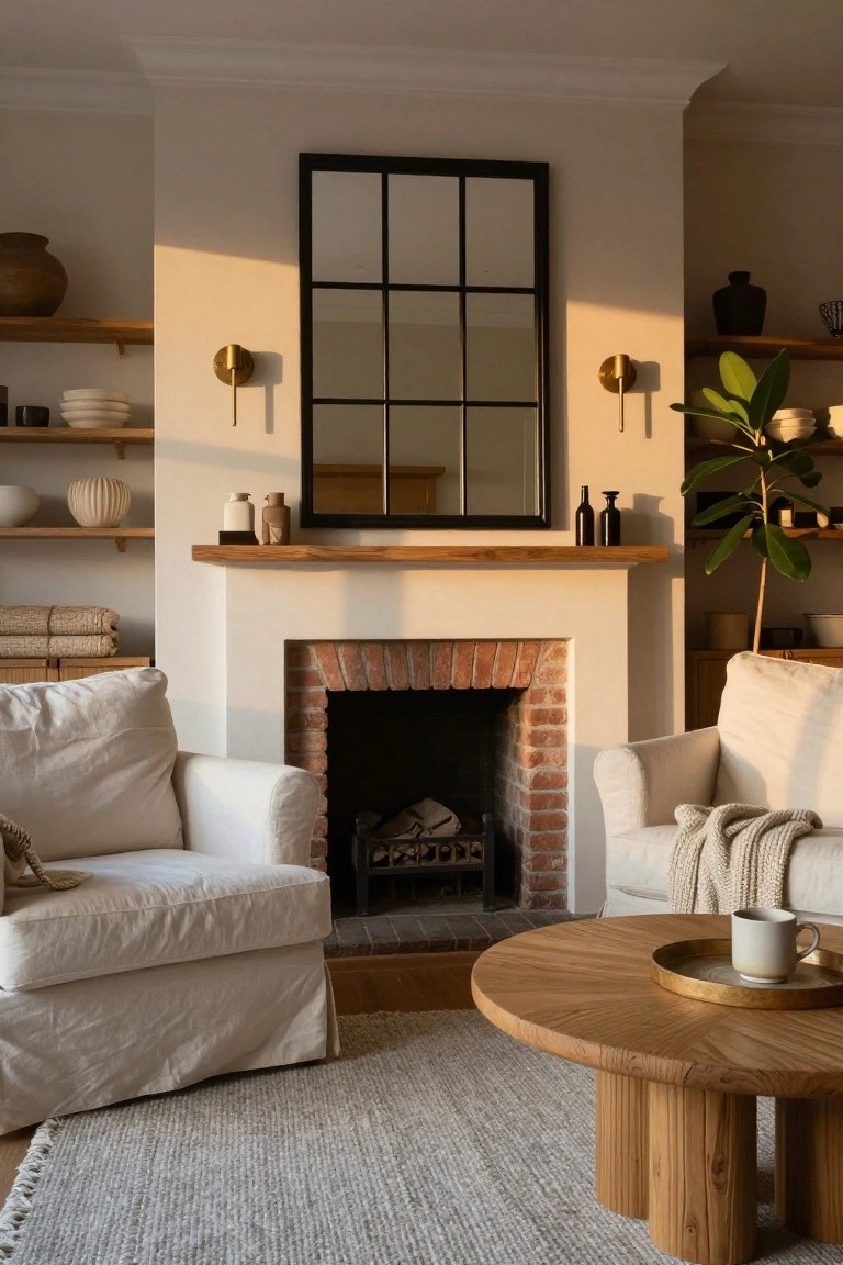 Living room with brick fireplace flanked by two white slipcovered armchairs, round wooden coffee table centered in front, neutral shelves holding ceramics and plants, large black-framed grid mirror above mantel, and soft golden light.
