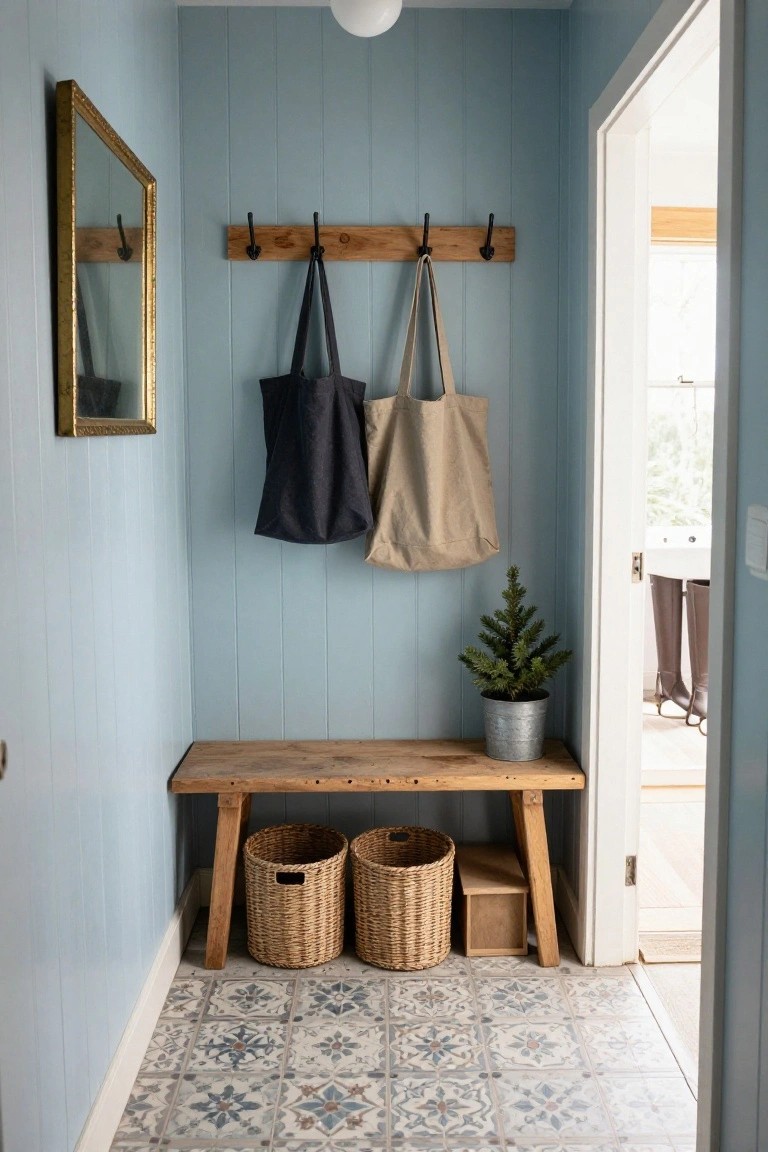 Narrow interior mudroom with light blue paneled walls, wooden bench with wicker baskets underneath, wall hooks holding two tote bags, small potted fir tree, gold-framed mirror, and open door to adjacent room with tiled floor.