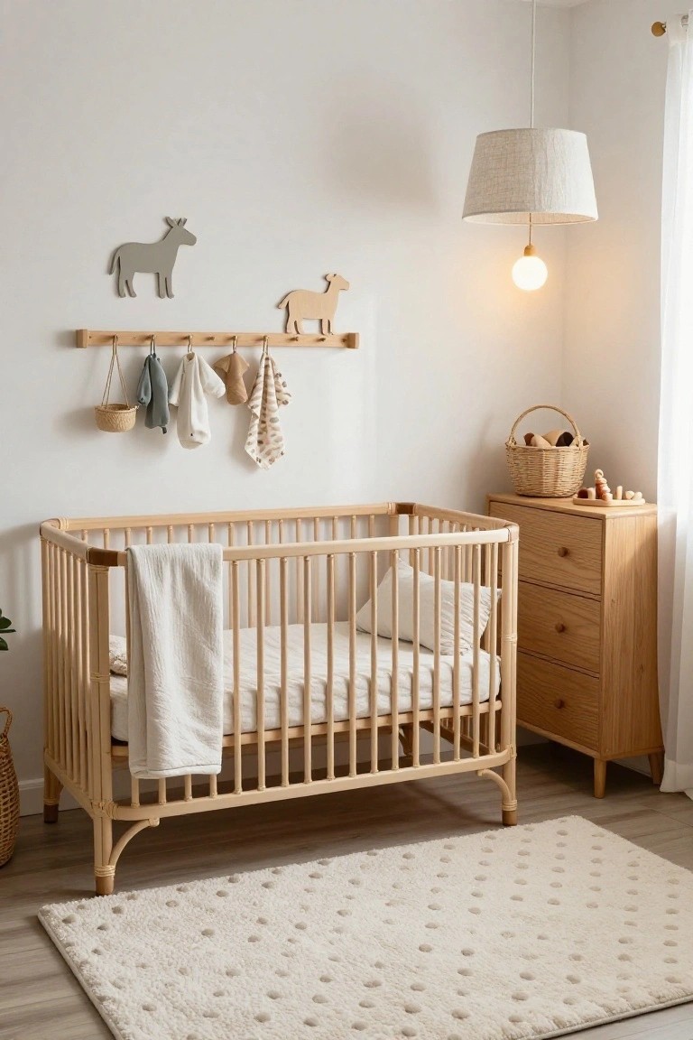 A light nursery room with a rattan crib draped in a white blanket, wooden animal wall hangings, a hanging rack with baby clothes and basket, wooden dresser, basket of toys, plant, and polka dot rug on light wood floor.