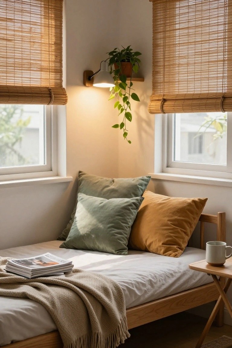 Corner bedroom with low wooden daybed covered in teal and orange pillows, knit throw blanket, stacked magazines, two windows with bamboo roller shades, wall-mounted lamp with trailing potted plant, and small wooden side table with white mug.