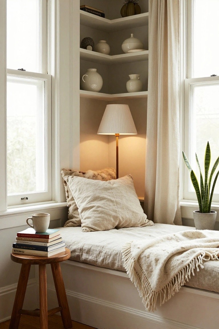 Built-in window seat with beige cushions and throw blanket in a light-filled corner, wooden stool holding stacked books and mug, bookshelves with white ceramics above, floor lamp, snake plant in pot, and sheer curtains on tall windows.