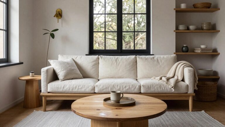 Living room with brick fireplace flanked by two white slipcovered armchairs, round wooden coffee table centered in front, neutral shelves holding ceramics and plants, large black-framed grid mirror above mantel, and soft golden light.