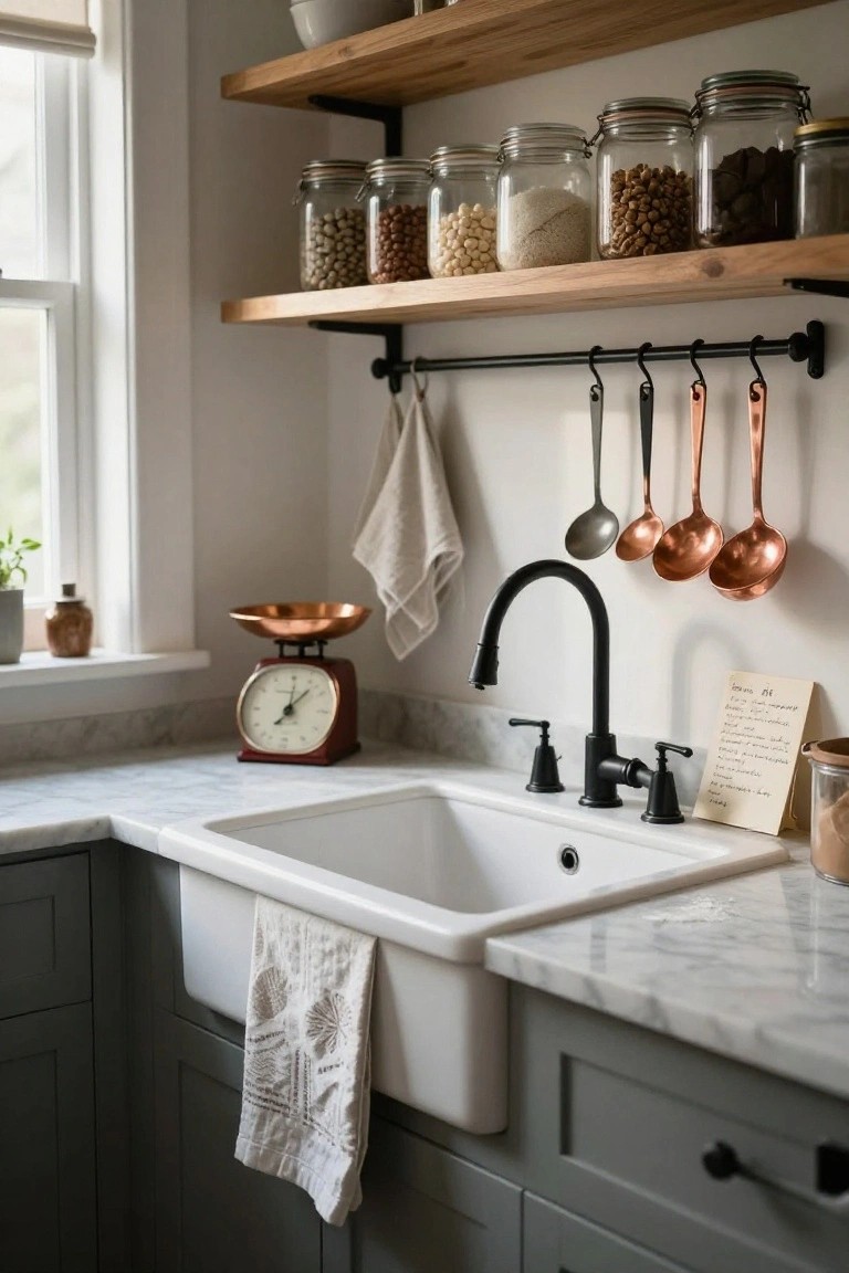 Corner kitchen view showing open wooden shelves stocked with glass jars of beans, rice, nuts, and chocolate, hanging copper ladles on a black rail, white farmhouse sink in gray cabinets, marble countertop, brass scale, and handwritten recipe note.