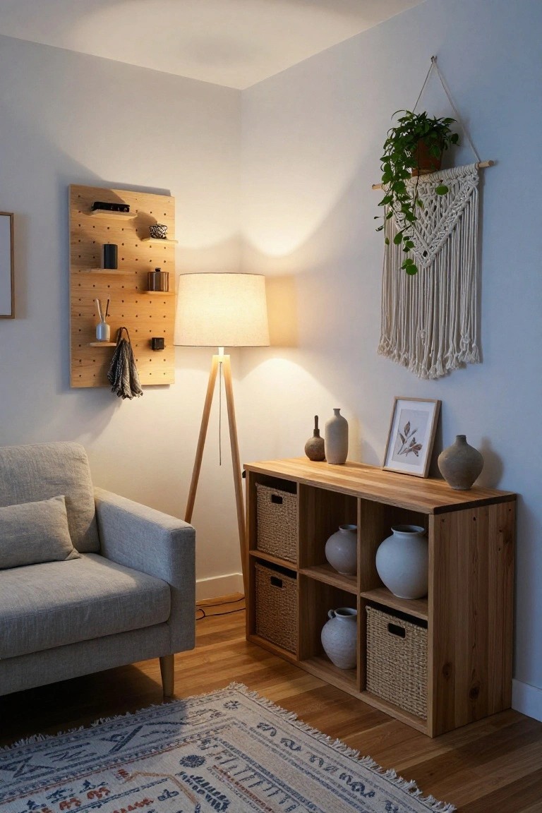 Corner of a light-filled living room with a bamboo pegboard wall organizer holding hooks, shelves, jars, and an umbrella, next to a white tripod floor lamp, wooden cube shelving with woven baskets and white pottery, light gray sofa, macrame plant hanger, and neutral woven rug on wood floor.