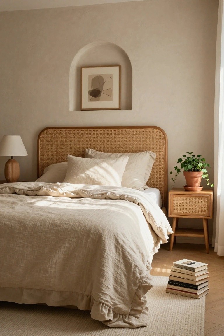 A sunlit bedroom with a curved rattan headboard, matching rattan nightstand holding a lamp and plant, white linen bedding, stacked books on the floor, and a cream rug.
