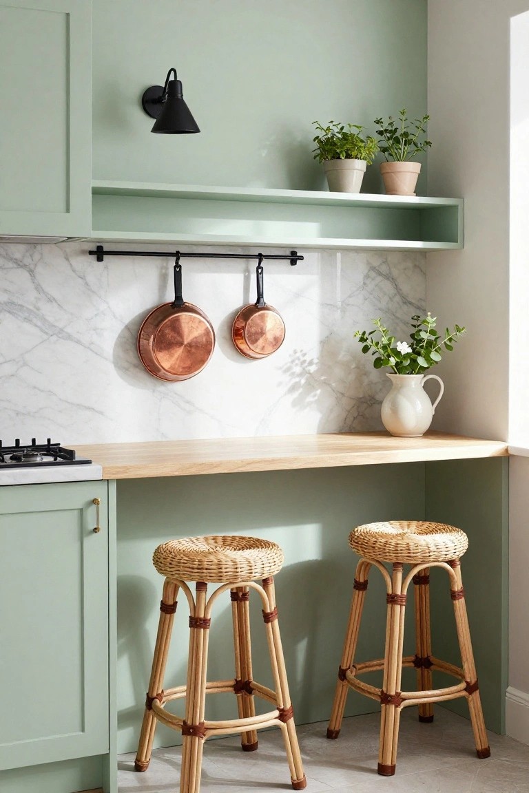 Compact kitchen with pale green lower cabinets, wooden countertop breakfast bar, two rattan bar stools, gas stove, white marble backsplash with hanging copper pots, potted plants on shelves, and black wall sconces.