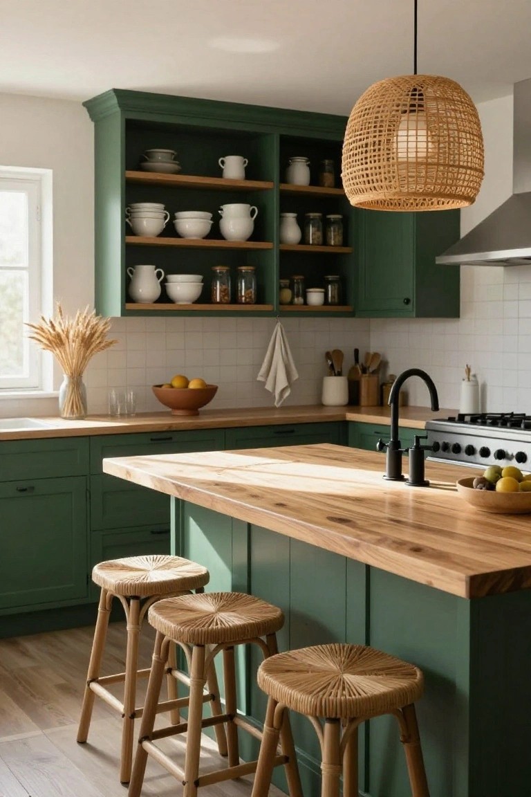 Kitchen interior with dark green cabinets, light wood island countertop, three rattan bar stools, open upper shelves holding white bowls and jars, white subway tile backsplash, black faucet, and rattan pendant light.