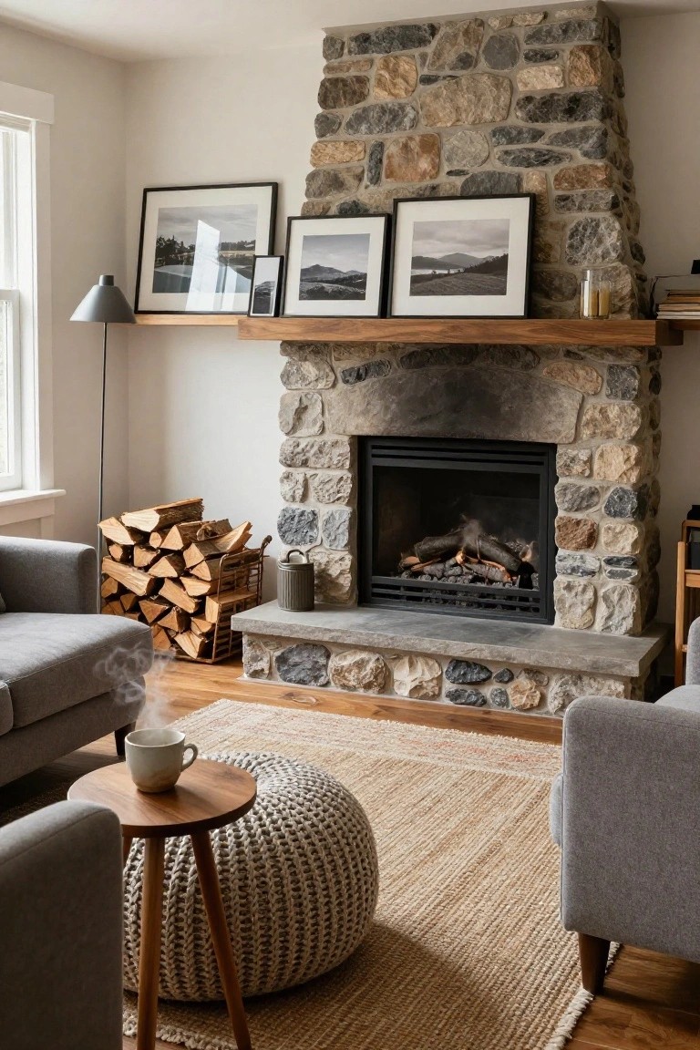 Living room with tall gray stone fireplace, wooden mantel holding framed black-and-white photos and candles, firewood stack in metal holder nearby, two gray armchairs, pouf ottoman, small wooden side table with white mug, jute rug on wood floor, floor lamp, and window.