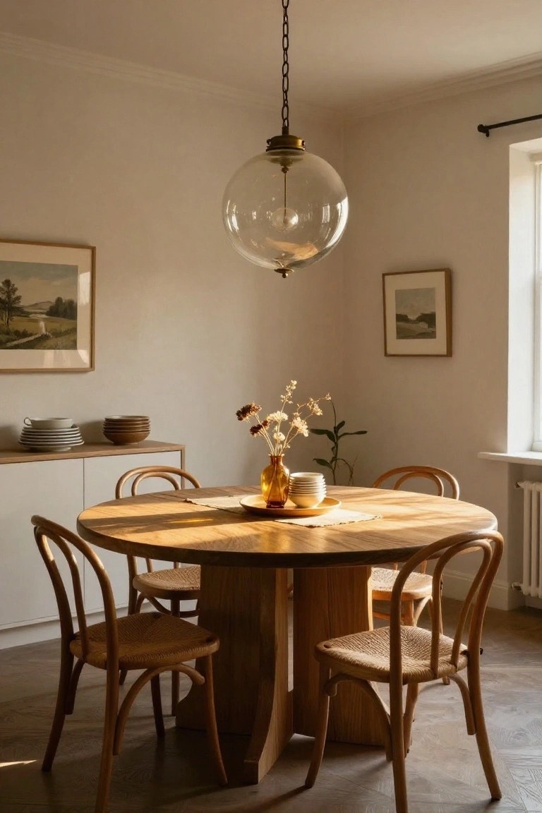 Sunlit dining room with round wooden table, four woven chairs, glass globe pendant light overhead, sideboard holding stacked plates, vase of dried flowers on table, and two framed landscape prints on walls.