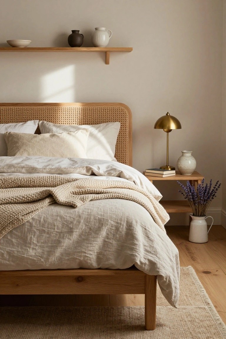 A bedroom with light wooden bed frame and rattan headboard, white and beige linens with knit throw, wooden nightstand holding gold lamp, stacked books, white vase, and lavender bouquet, beige walls, floating wood shelves with ceramics, and oak floors with seagrass rug.