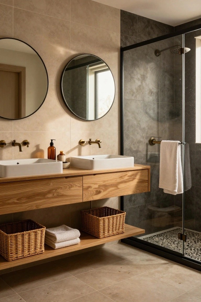 Bathroom with floating light oak double vanity under two round black-framed mirrors, white sinks, brass faucets, beige tiled walls, and glass shower enclosure with dark stone and pebble floor.
