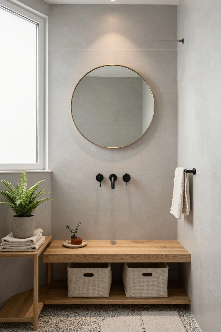 Gray tiled bathroom with round gold-framed mirror above black faucets and sink, wooden bench with white storage baskets and plants, folded towels, and pebble floor mat.