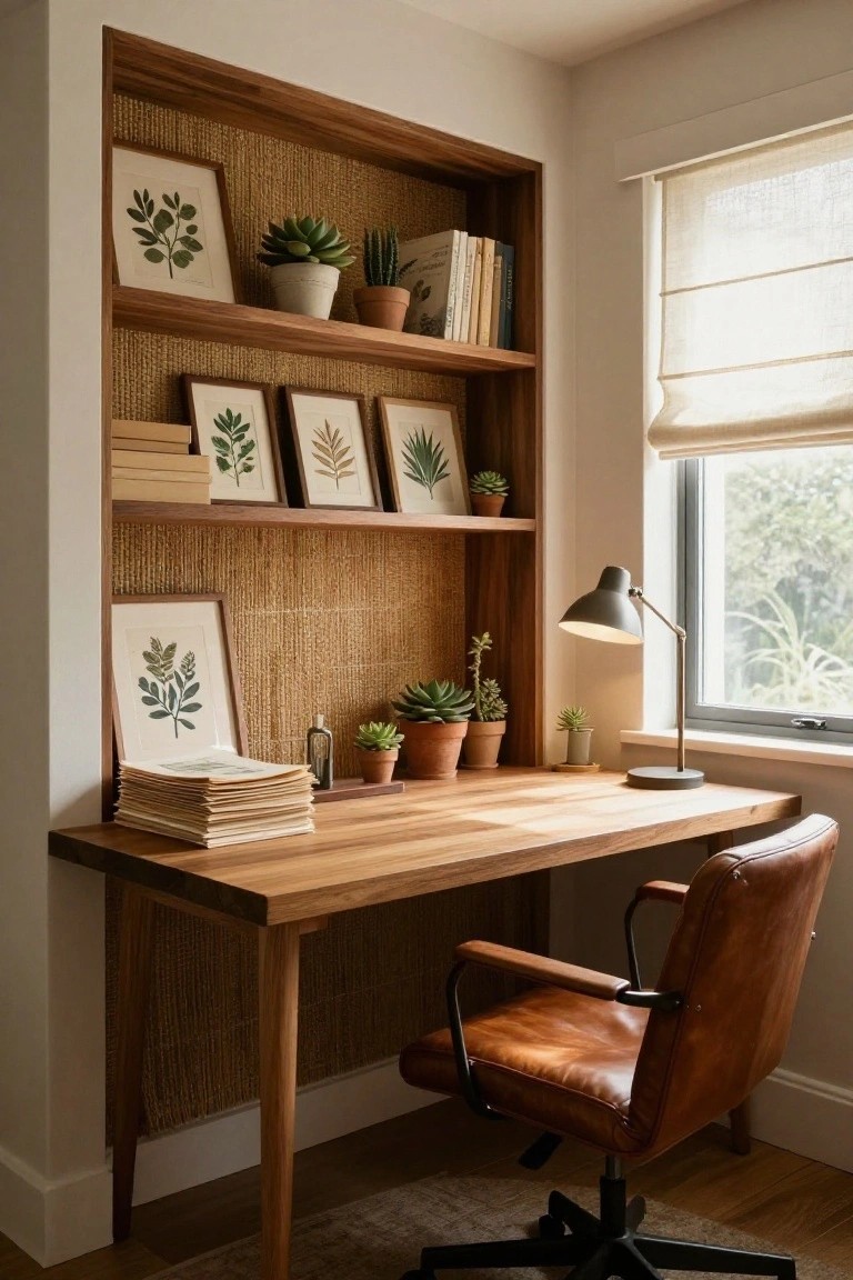 Built-in wooden desk and multi-level shelves against a rattan wall, holding books, potted succulents, and framed botanical prints, with a tan leather desk chair, adjustable lamp, stacked papers, and window with sheer blinds.