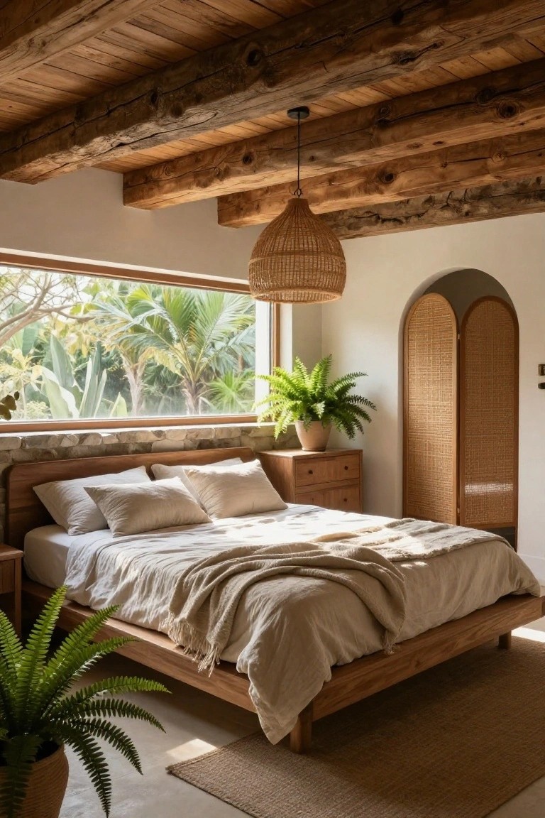 Sunlit bedroom with exposed rough wooden beam ceiling, wooden platform bed draped in beige linens, rattan pendant lamp, potted ferns, dresser, folding screen doors, and large window showing tropical trees outside.