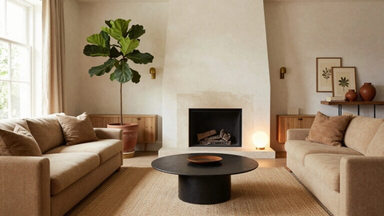 Neutral-toned living room with creamy stone gas fireplace, rustic wood floating shelves displaying framed leaf prints, books, and vase above mantel, large fiddle leaf fig in terracotta pot in corner, beige sofa, black round coffee table on seagrass rug, near window with cream drapes.