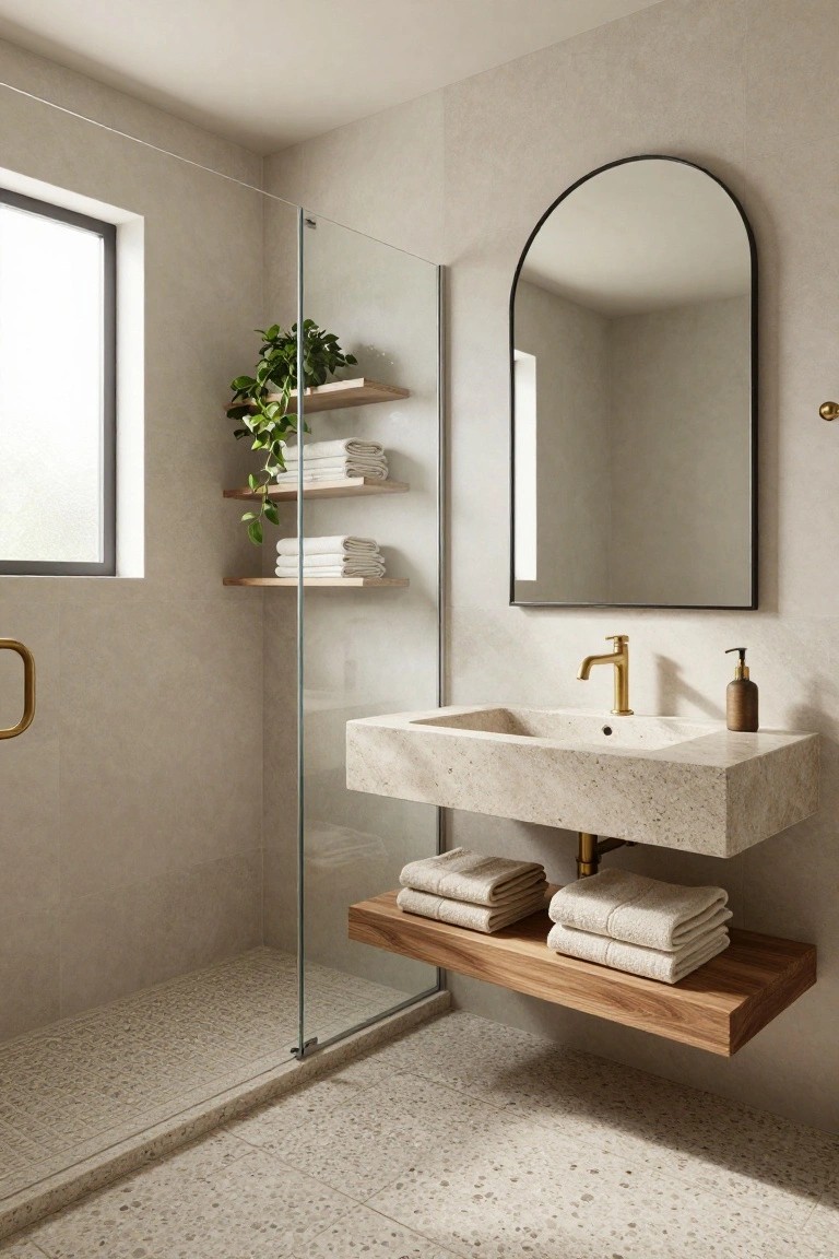 Contemporary bathroom with glass shower enclosure, wall-mounted beige stone sink and gold faucet, arched black mirror on beige wall, wooden floating shelves holding white towels and potted plants, and speckled beige tile floor.