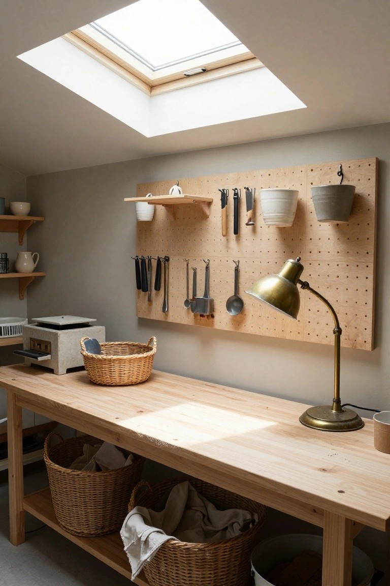 Workshop interior with skylight, wooden pegboard wall holding utensils, tools, brass lamp, and ceramic pots, wooden workbench with wicker baskets, and stone heater nearby.
