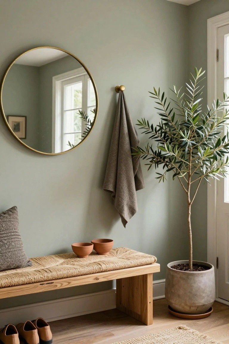 Sage green entryway corner featuring a gold-framed round mirror with a draped gray towel, tall potted olive tree in gray pot, rattan-cushioned wood bench with textured pillow and two terracotta bowls, pair of brown leather shoes underneath, and seagrass rug on light wood floor.