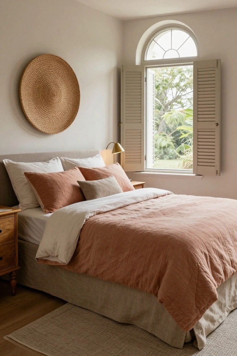 Bedroom interior featuring a bed with terracotta and white linen bedding, gray upholstered headboard, wood nightstand with lamp, large seagrass wall hanging, and arched window with open shutters showing trees and palms outside.