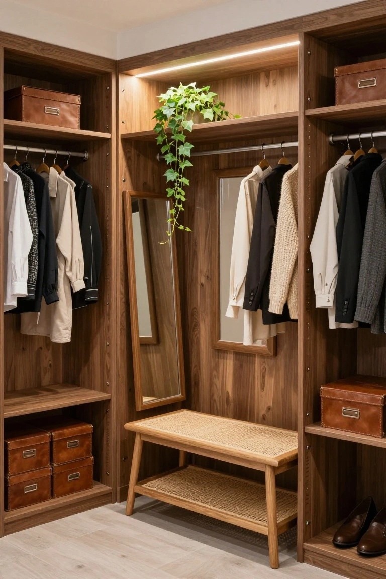 Corner walk-in closet with walnut wood cabinets, hanging rods with clothes, full-length mirror, trailing ivy plant, rattan bench, leather boxes, and dress shoes on lower shelves.