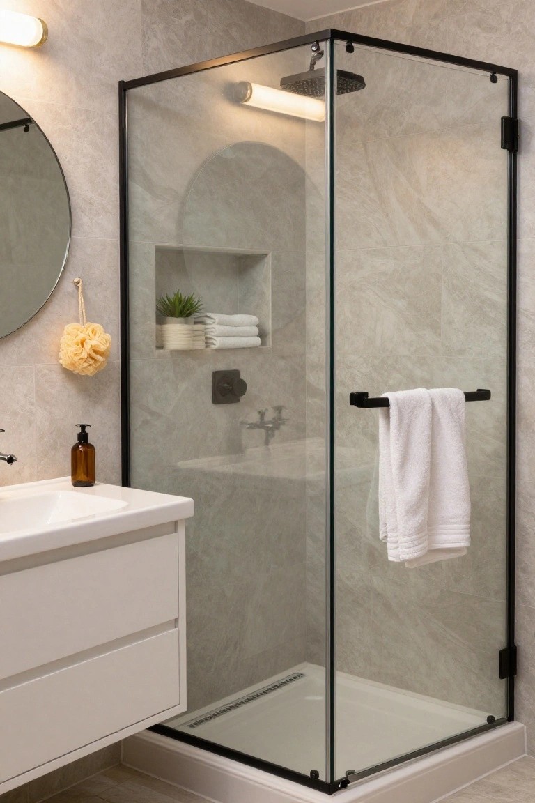 Corner glass shower with black metal frame in a modern bathroom with gray veined tile walls, white floating vanity, niche shelf holding a plant and towels, and black towel bar.