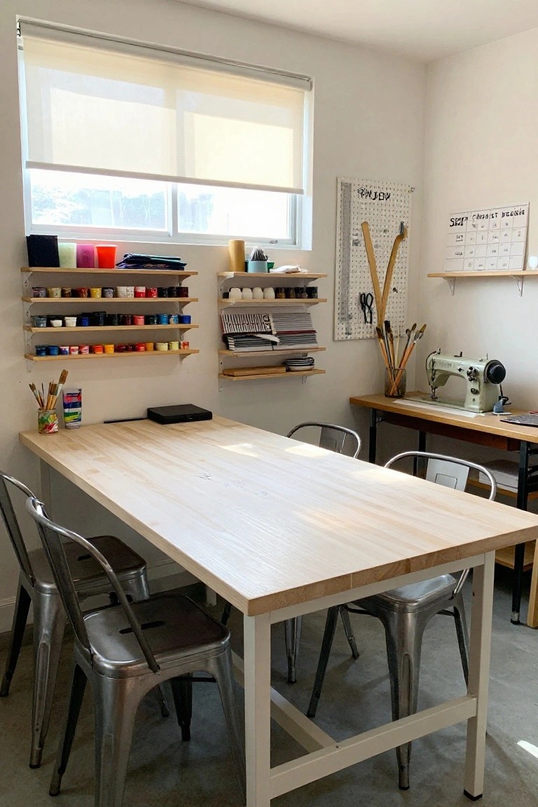 Bright craft room interior with large light butcher block table surrounded by four metal chairs, wooden open shelves stocked with colorful paint jars and brushes, green sewing machine on side table, and pegboard tools near window.