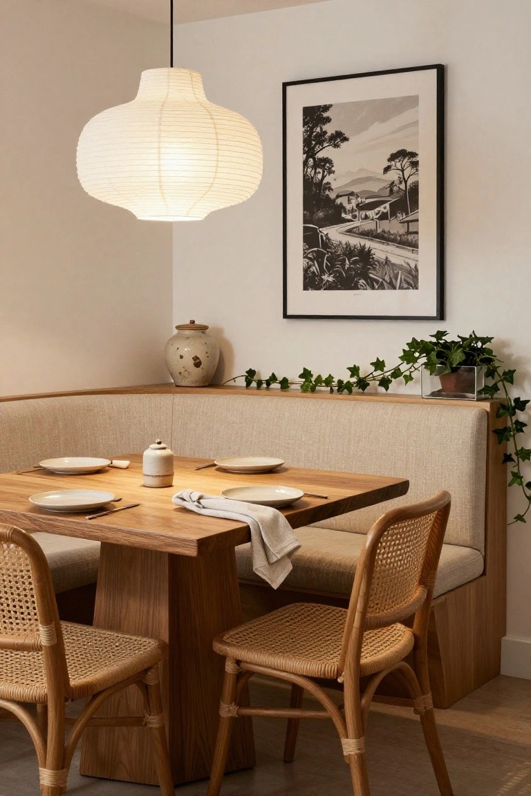Corner booth dining area featuring beige upholstered bench seating around a wooden table set with white plates and napkins, rattan chairs, paper lantern pendant light overhead, framed artwork on wall, ceramic vase, and potted ivy plants.